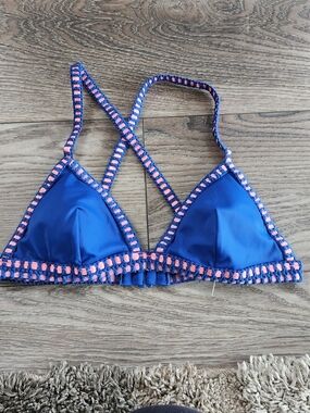 Victoria's Secret Blue Pink Triangle Swim Top with Pink Trim Medium